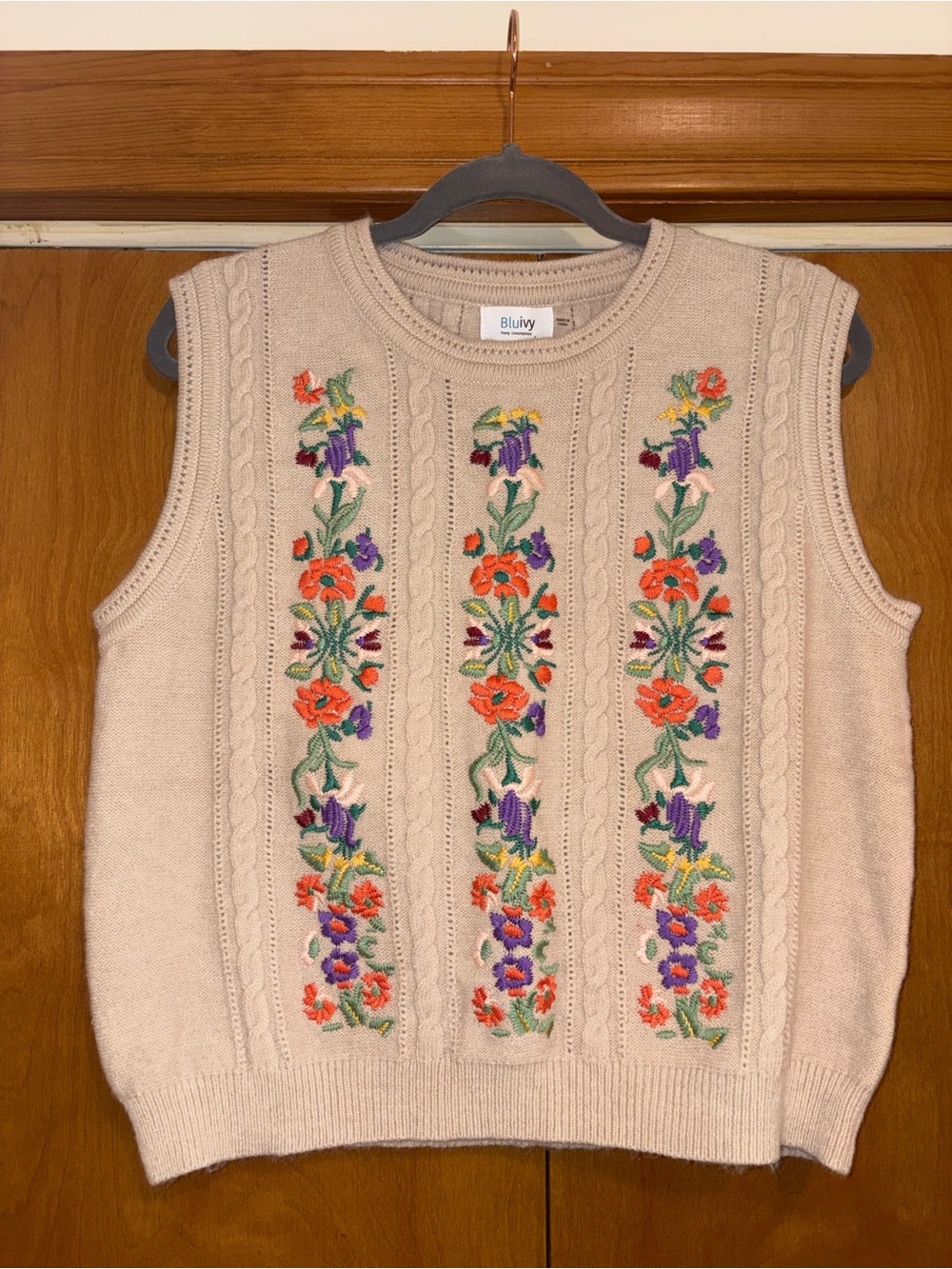 Bluivy Neutral Knit Sweater with Colorful Floral Embroidery
